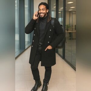 Grandpa Wool Casual 2XL Black Knit Longline Open Front Cardigan Car Coat